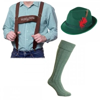 Image of Adult Mens Oktoberfest Braces + Deluxe Green Bavarian Hat Wool Blend Socks ; German Beer Festival Fancy Dress Accessory Set