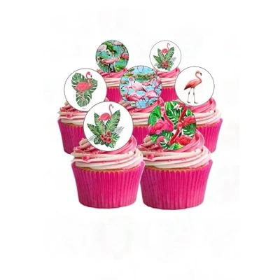 Image of 24 Precut Tropical Pink Flamingo Edible Wafer Paper Cake Toppers Decorations