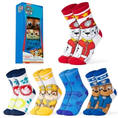Image of Paw Patrol Boys Calf Socks, Soft Breathable Kids Socks Pack of 5 Gifts (Blue/Multi, 11.5/3 UK)