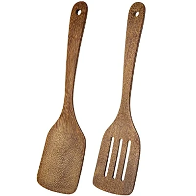 Image of Wooden Spatula, Pack of 2 Wood Solid Turner Kitchen Slotted Spatulas for Cooking, Heat Resistant Baking Non Stick Cookware