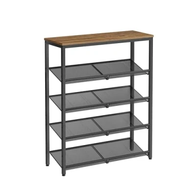 Image of VASAGLE Shoe Rack, 5 Tier Storage with Shelves and Large Top, Adjustable Mesh Shelves, Space Saving for Entryway, Hallway, Steel, Industrial, Honey Brown Ink Black LBS038K01