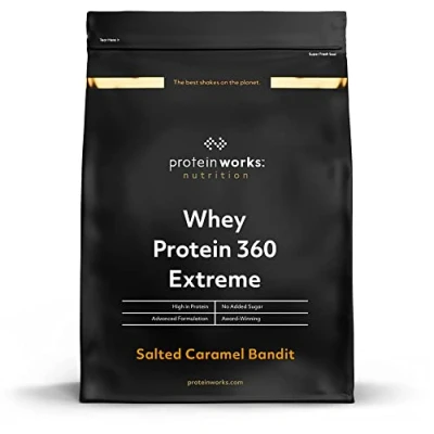 Image of Protein Works Whey 360 Premium Shake Powder Blend No Added Sugar 20 Servings Salted Caramel Bandit 600g