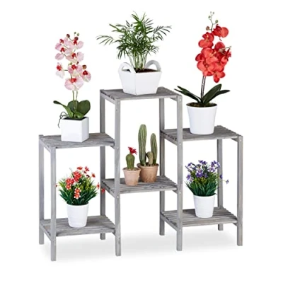 Image of Relaxdays Wooden Flower Ladder Rack, Shabby Look, Indoor Use, Freestanding, Kitchen Plant Stand, HWD 70 x 89 27, Grey, wood, 27 cm