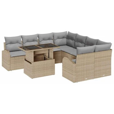 Image of vidaXL 9 Piece Garden Sofa Set with Cushions Beige Poly Rattan