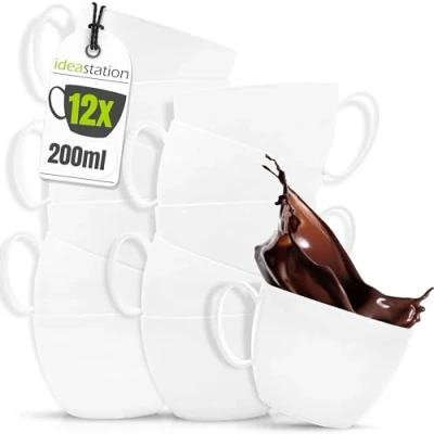 Image of idea station Plastic Mugs 12 x 200 ml White Reusable Camping Mug, Travel Cup Perfect for Hot and Cold Drinks, Coffee Tea Suitable Children Elderly Dishwasher Safe