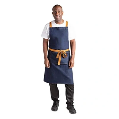 Image of Whites Chefs Clothing B984 Southside X Cross Back Apron With Tan Tie, Denim Blue, 700mm Width, 1000mm Length