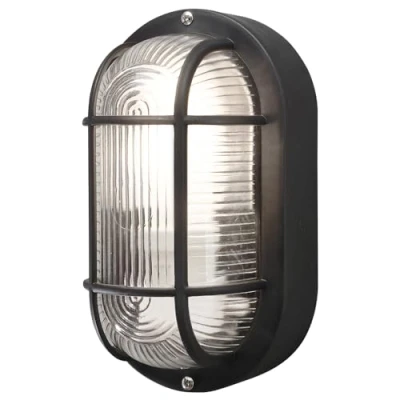 Image of Konstsmide 7650 750 Elmas Bulk Head Outdoor Wall Light Mains Powered / W: 12cm D: 10.5cm H: 20cm 1 x 40 W E27 Max Lamp Clear Ribbed Glass Plastic IP44 Outside Black