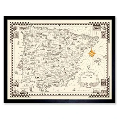 Image of Artery8 Map Ernest Dudley Chase 1935 Spain Portugal Pictorial Art Print Framed Poster Wall Decor 12x16 inch