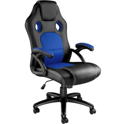 Image of TecTake® Gaming Chair Tyson, with Ergonomic Design, 360 Swivel, Adjustable Height and Rocking Mechanism, Plus Breathable Mesh, Thick Padding, Robust Construction, Easy Assembly black/blue
