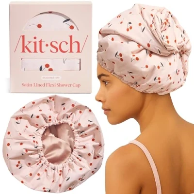 Image of Kitsch Luxury Shower Caps for Women Reusable Waterproof Flexi Satin Lined, Large Cap Men, Non slip, Quick dry, Adjustable, Stylish Hair Long &amp; Short Cherry Print