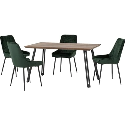Image of Seconique Quebec Straight Edge Dining Set with Avery Chairs in Medium Oak Effect/Black/Emerald Green Velvet