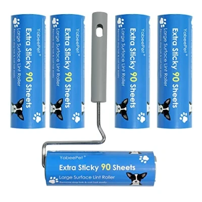 Image of YabeePet Extreme Sticky Large Surface Lint Roller, Long Handle Pet Hair Remover, Designed for Removing Dog Cat 90 Sheets per roll, 16cm Width (1 Roller+4 Refills)