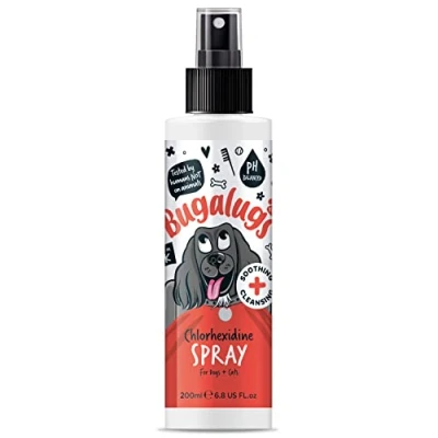 Image of BUGALUGS Chlorhexidine dog Spray for pawly skin grooming pet spray. Great dogs with stressed skin. Cleans Wrinkles puppy, &amp; cat