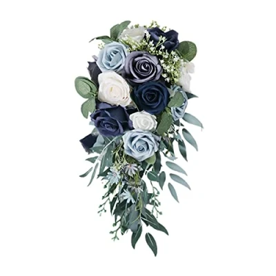 Image of Perfeclan Romantic Wedding Bouquets for Bride Waterfall Floral Handmade Artificial Holding Bouquet Celebrations Ceremony Decor Photo Props, Blue