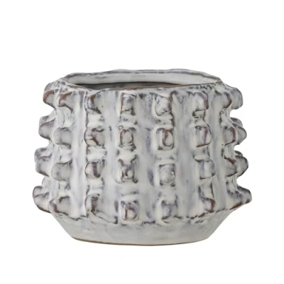 Image of Bloomingville Brena Collection Nordic White Stoneware Flowerpot, Handcrafted Home Decor with Structured Pattern, D11.5xH8.5 cm Unique Glaze Finish, Ideal for Giving a Warm Atmosphere