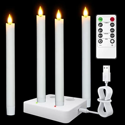 Image of Yme Rechargeable LED Taper Candles with Charging Station, 4pcs Flameless Fake Tapered Battery Operated Flickering Remote Timer Wax Coated for Christmas Halloween Decorations