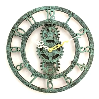 Image of No Nonsense Products Indoor Outdoor Wall Clock Antique Church Station Garden Style 30cm Green Slate Effect Gold Hands Weatherproof Quartz Battery Powered Waterproof