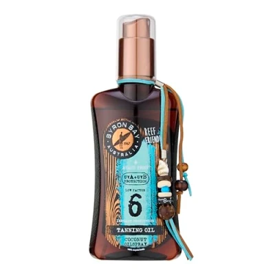 Image of Byron Bay Australia Fast Bronzing Tanning Oil SPF 6 Spray UVA &amp; UVB Instant Protection, Non Greasy, Water Resistant with Vitamin E Aloe Vera, Coconut Scent 200ml