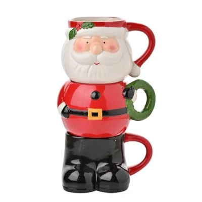 Image of The Seasonal Gift Co Set of 3 Santa Stacking Glazed Ceramic Mugs Whimsical Christmas Gifting &amp; Homeware Present Perfect for Sharing Warm Drinks, Tea, Coffee Holiday Festivities.