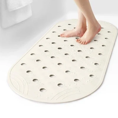 Image of SelfSuite Rubber Bathtub Mat Shower Non Slip, 31x14 Inch, Bath Tub Floor with Suction Cups and Drainage Holes, Ivory White