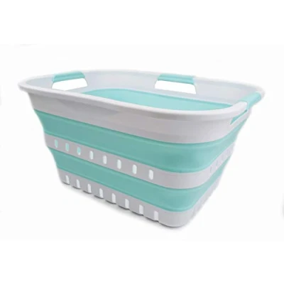 Image of SAMMART 30L Collapsible 3 Handled Plastic Laundry Basket Foldable Pop Up Storage Container/Organizer Portable Washing Tub Space Saving Hamper/Basket (White/Lake Green)