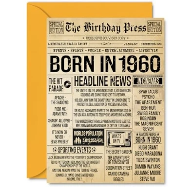 Image of 65th Birthday Card for Men Women Bday Press Newspaper 1960 Happy 65 Cards Grandad Dad Brother Neighbour Husband Auntie, A5 Greeting