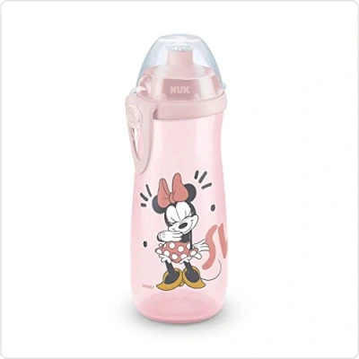 Image of NUK Sports Cup Children&#039;s Water Bottle 24+ Months Leak Proof Push Pull Nozzle Clip and Protective Cap BPA Free 450 ml Disney Minnie Mouse (Pink)