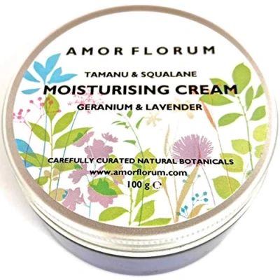 Image of Amor Florum Facial Moisturising Cream 99% Natural Tamanu, Olive Squalane, Geranium, Lavender. Protects, Hydrates, Soothes, Repairs. pH 5.5, Sensitive Skin 100g.