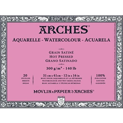 Image of ARCHES 31 x 41 cm 300 GSM Hot Pressed Glued on 4 Sides Block Watercolour Paper Natural White (Pack of 20 Sheets)