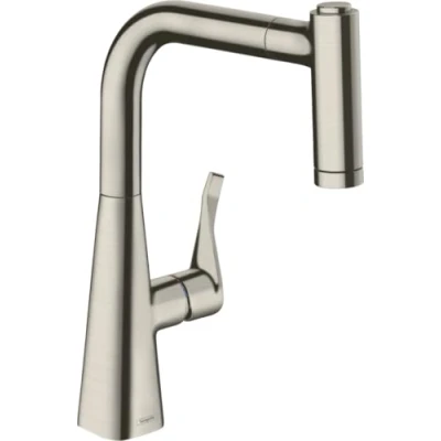 Image of Hansgrohe Metris M71 Kitchen Tap 220 With Pull out Spray And Hose Box, 2 Modes, Stainless Steel Finish, 73800800