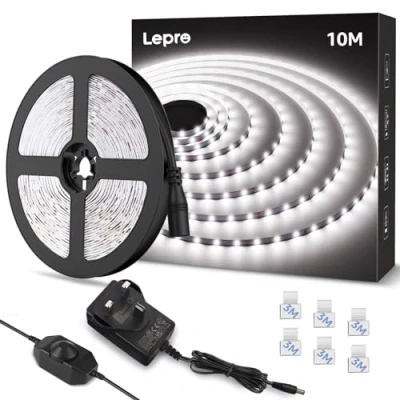 Image of Lepro White LED Strip Light 10M, 2000lm Dimmable Lights, 24V UK Plug with Dimmer Switch, 6000K Cool Lights for Kitchen, Cabinet, Wardrobe, Conservatory, Garage (1 Roll)