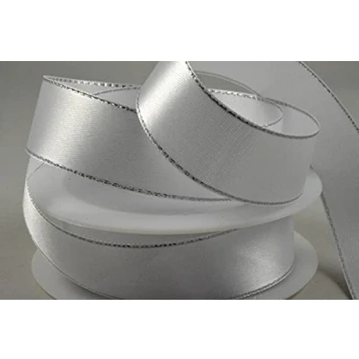 Image of White Single Faced Satin Ribbon with Silver Edge 25mm x 1 Metre Cut from Roll