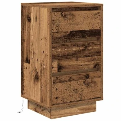 Image of vidaXL Bedside Cabinet with LED Lights Old Wood, Engineered Wood Material, 38x34x65 cm, 3 Drawer Nightstand, Adjustable Ambience Lighting, Bedroom Compatible, Freestanding Modern End Table