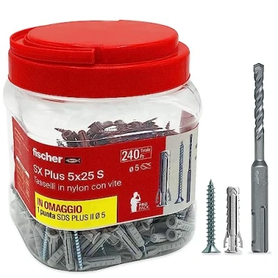 Image of Fischer 5 mm, Propack SX Plus S, 240 x 25 Dowels with Screw + SDS Drill Bit, Reusable Jar, for Fixing on Concrete and Masonry 570205, Grey