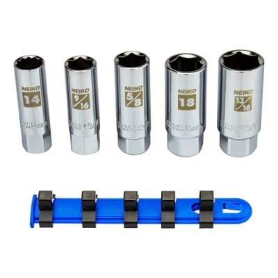 Image of NEIKO 02500A 3/8&quot; Drive Spark Plug Socket Set, 5 Piece, SAE and Metric, Rubber Retaining Inserts, Cr V Steel, 14mm, 18mm, 9/16, 13/16, 5/8 Socket, Deep Well Tool