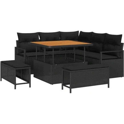 Image of vidaXL 8 Piece Garden Sofa Set with Cushions Black Poly Rattan Acacia