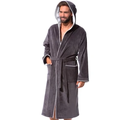 Image of Morgenstern Dressing Gown Men 100% Cotton Hood Velvet Terry Bathrobe Grey/Light Grey Size L