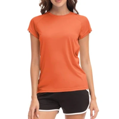 Image of MEETWEE Swim Shirts for Women, Short Sleeve T Shirt Athletic Casual Tops Quick Dry UPF 50+ Running Surfing Workout Yoga Sun Tee Orange