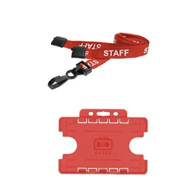 Image of ID Badge Card Pass Name Holder Double Sided for Two Credit Sized Cards and 15mm Staff Neck Strap Lanyard with Safety Breakaway Plastic Clip Work, School, Office Accessories, Nurses Red