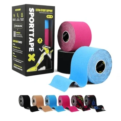 Image of 3 Rolls SPORTTAPE Kinesiology Tape 5m Roll Mixed Physio &amp; Sports Injury Muscle for Shoulder, Knee, Ankle Shin Splints Support. Waterproof Hypoallergenic Kinetic