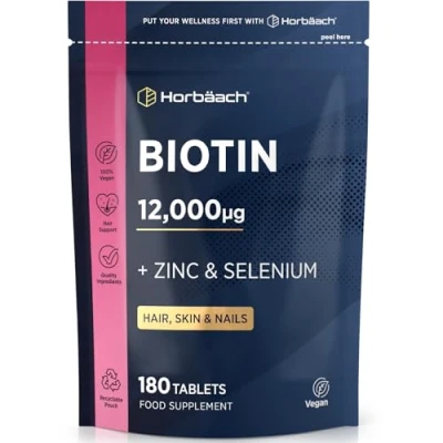 Image of Biotin Tablets 12000ug 180 Count High Strength Complex with Zinc and Selenium Vegan Supplement by Horbaach
