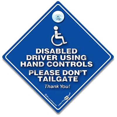 Image of Disabled Driver Using Hand Controls Please Don&#039;t Tailgate Car Sign, Disability Advisory Vehicle Sign for Wheelchair User Access in Super Bright Blue and Silver 14cm x 2cm