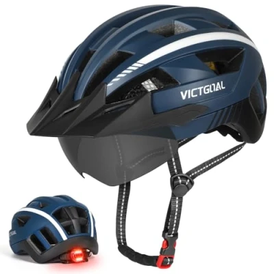 Image of Victgoal Bike Helmet for Men Women with Led Light Detachable Magnetic Goggles Visor Mountain &amp; Road Bicycle Helmets Adjustable Size Adult Cycling (M: 21.3 22.8 inch (54 58 cm), Navy)