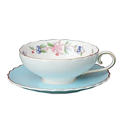 Image of fanquare Porcelain Coffee Cup and Saucer, Lotus Flower Tea Set, Afternoon with Gold Trim, Blue