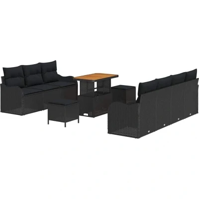 Image of vidaXL 10 Piece Garden Sofa Set with Cushions Black Poly Rattan Acacia