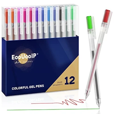 Image of EooUooIP Colorful Gel Pens, 12 Colors Premium Ink Ballpoint Pen 0.5 mm Extra Fine Pens for Adult Coloring Books, Drawing, Doodling, Scrapbook, Bullet Journal