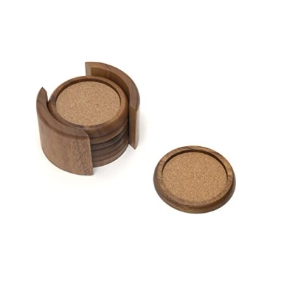 Image of Lipper International 1036 Acacia Round with Cork Coasters and Caddy, 7 Piece Set