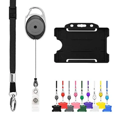 Image of Retractable Lanyard and Badge Holder Trio Triple Pack by LanyardsTomorrow Set Includes A Single Plain Lanyard, Extendable Carabiner Yoyo Reel Clip Rigid ID Card (Black)