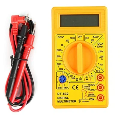 Image of Digital Display Multimeter, DT 832 Handheld Pocket Multimeter AC/DC Voltage Current Resistance Tester with Buzzer, Test Leads, Portable Meter Equipment (Yellow)