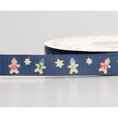 Image of Gingerbread Man Christmas Ribbon 16mm x 1 Metre (Blue (Gingerbread with Stars))